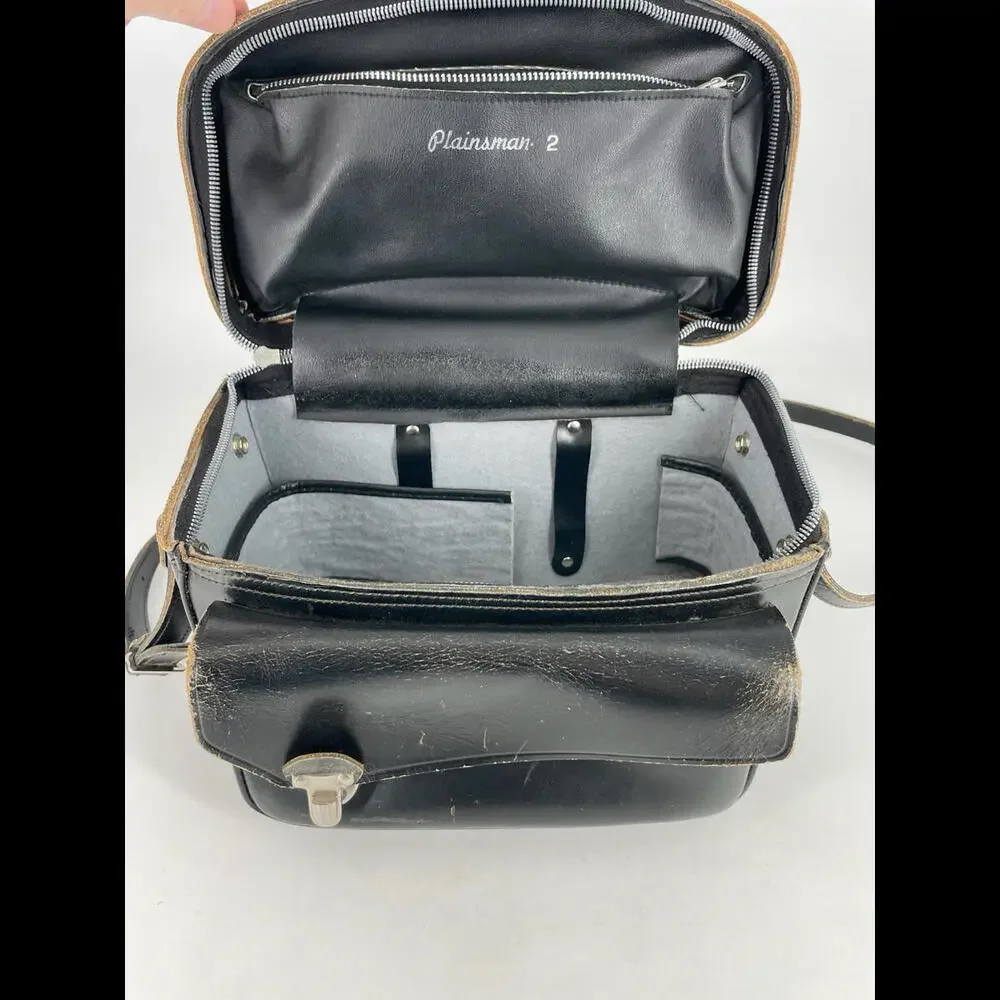 Vintage Plainsman 2 Black Hard Camera Tote Bag Case USA Cowhide